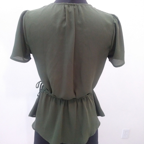 Lily White Wrap Style Sheer Polyester Career Blouse, Olive Green, Size XS - Picture 3 of 9